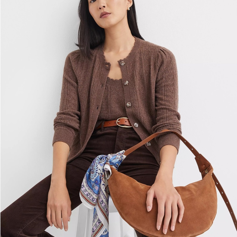 Loft Scalloped Pointelle Cardigan + Sweater Tank Set | Doe Brown | Medium